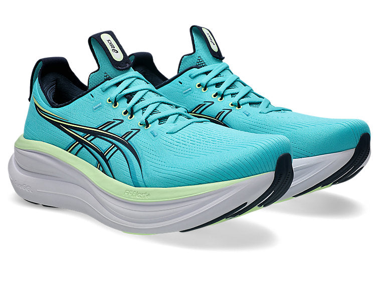 pair of asics gel nimbus 28 for men in turquoise colour with white sole and lime trim, Energy Aqua/Midnight
