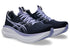 asics gel nimbus 28 for women, maximum cushioned lightweight long distance running shoe, dark navy colour with light purple details and white sole, side angled of pair of shoes