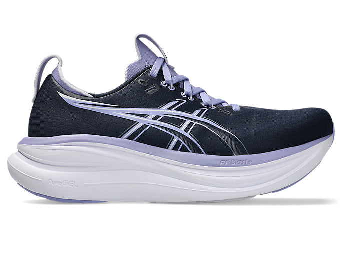 asics gel nimbus 28 for women, maximum cushioned lightweight long distance running shoe, dark navy colour with light purple details and white sole, side profile of shoe