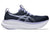 asics gel nimbus 28 for women, maximum cushioned lightweight long distance running shoe, dark navy colour with light purple details and white sole, side profile of shoe