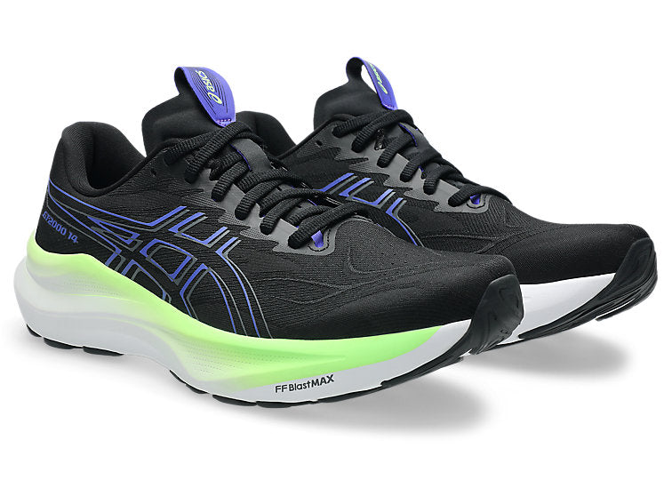 asics gt-2000 14 for men, lightweight cushioned running and walking shoe with gentle support, white and teal sole with dark black and navy upper colour, side profile of both shoes with white background