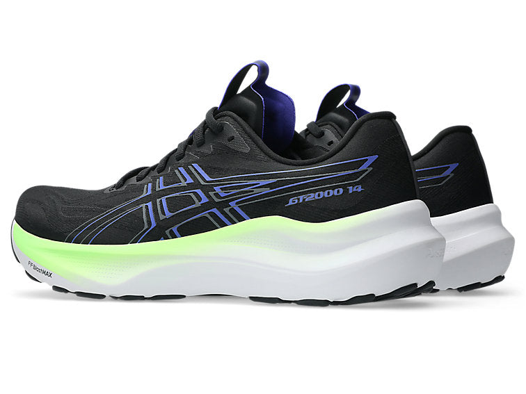 asics gt-2000 14 for men, lightweight cushioned running and walking shoe with gentle support, white and teal sole with dark black and navy upper colour, rear side profile of both shoes with white background