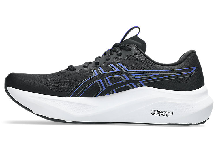 asics gt-2000 14 for men, lightweight cushioned running and walking shoe with gentle support, white and teal sole with dark black and navy upper colour, inside side profile of shoe with white background