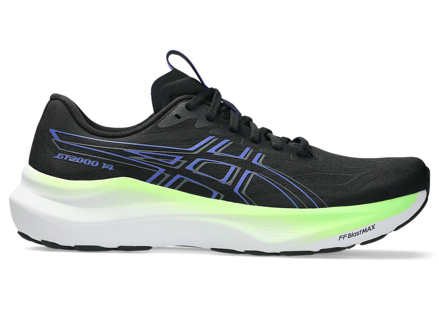 asics gt-2000 14 for men, lightweight cushioned running and walking shoe with gentle support, white and teal sole with dark black and navy upper colour, side profile of shoe with white background