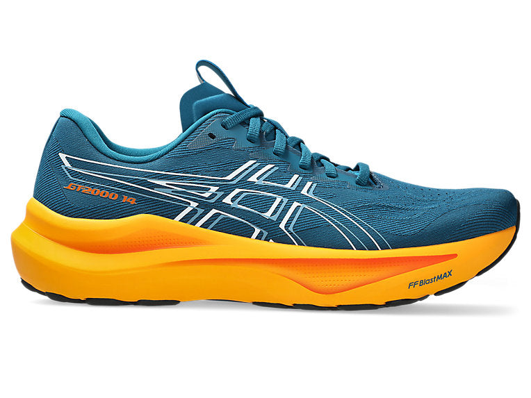 asics gt 2000 14 for men, supportive running and walking shoe with good cushioning, aqua blue with yellow orange sole, side profile of shoe