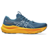 asics gt-2000 14 for men, lightweight cushioned running and walking shoe with gentle support, bright yellow sole with dark teal upper colour, side profile of shoe with white background
