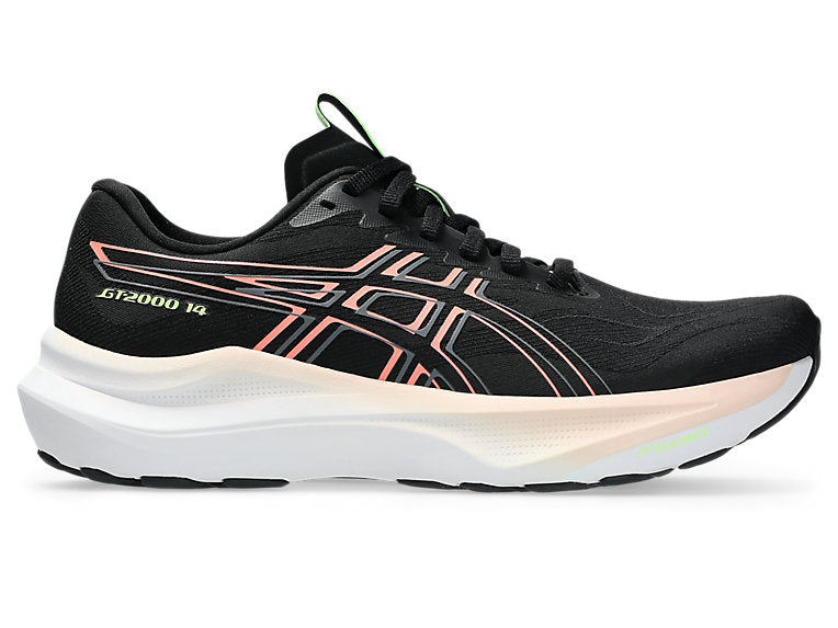 asics gt 2000 14 for women, supportive running and walking shoe with good cushioning, black with pink detail, side profile of shoe