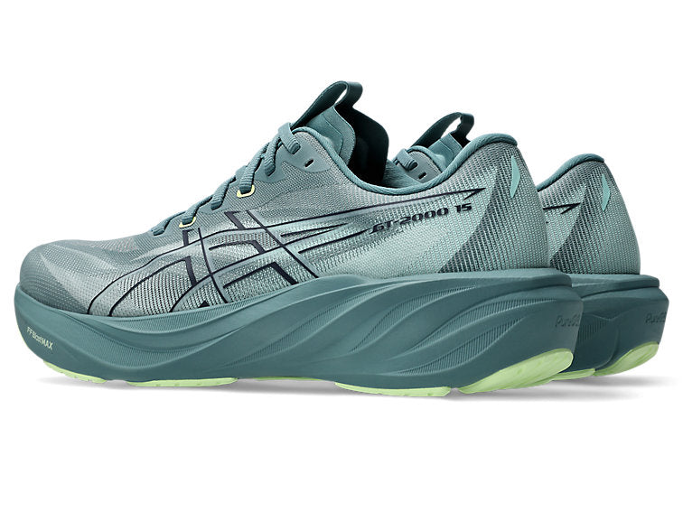 mens asics GT 2000 15 in a dark cyan blue colour with lighter green details on the sole of the shoe. featuring adaptive support that activates exactly when you need it, keeping your stride smooth and balanced without feeling restrictive.