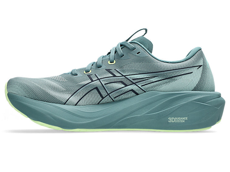 mens asics GT 2000 15 in a dark cyan blue colour with lighter green details on the sole of the shoe. featuring adaptive support that activates exactly when you need it, keeping your stride smooth and balanced without feeling restrictive.