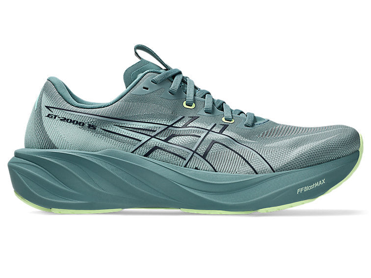 mens asics GT 2000 15 in a dark cyan blue colour with lighter green details on the sole of the shoe. featuring adaptive support that activates exactly when you need it, keeping your stride smooth and balanced without feeling restrictive.