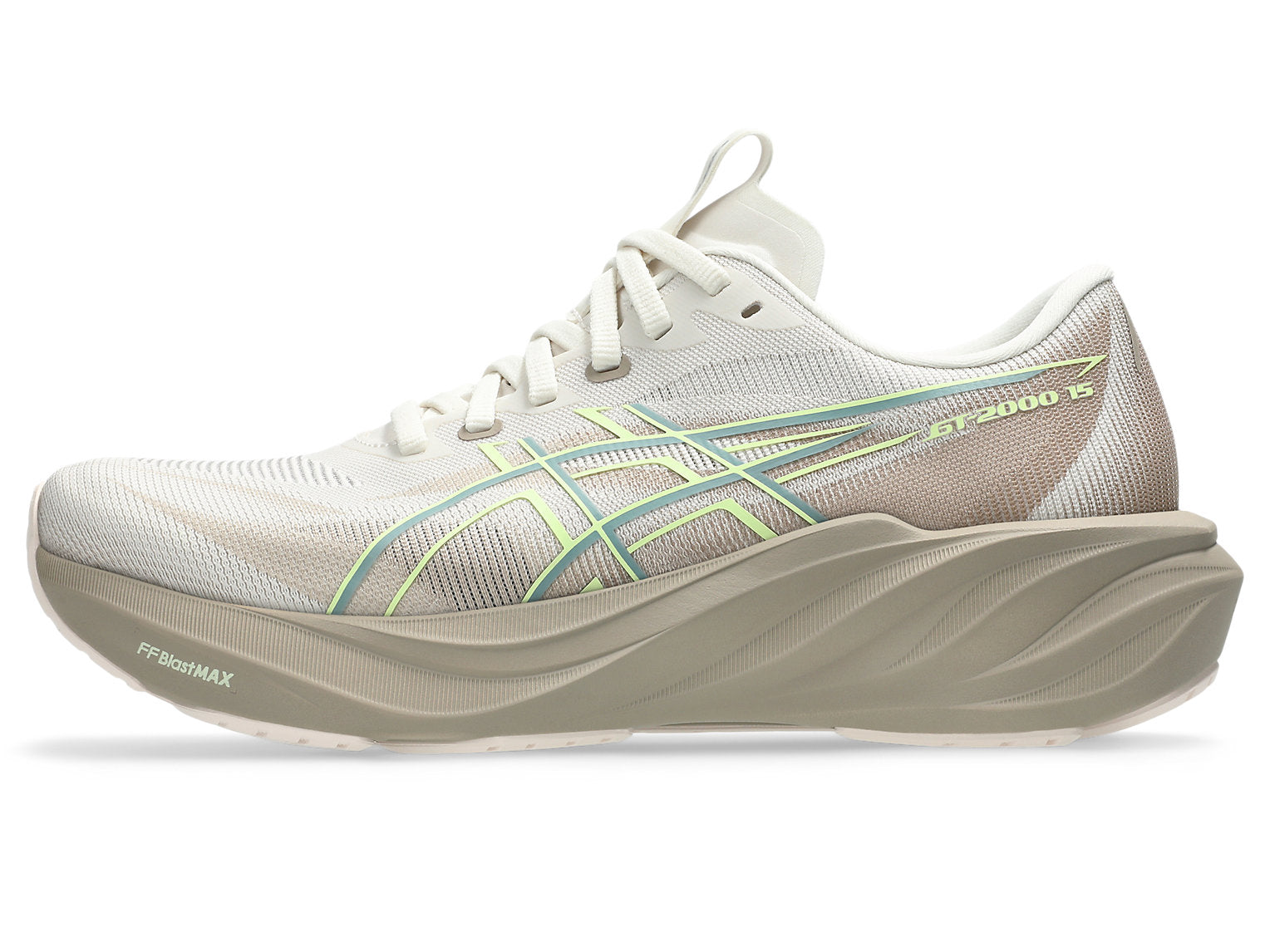asics womens GT 2000 15 in a light brown and white colour with touches of yellow. The 3D GUIDANCE SYSTEM™ provides intelligent, adaptive support that activates exactly when you need it, keeping your stride smooth and balanced without feeling restrictive