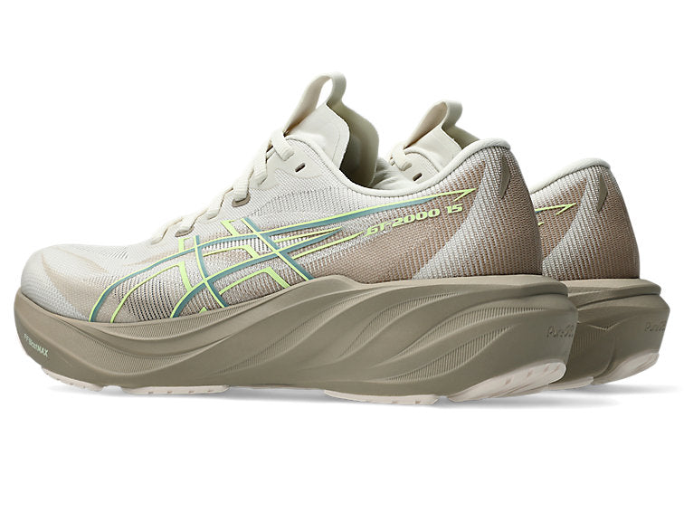 asics womens GT 2000 15 in a light brown and white colour with touches of yellow. The 3D GUIDANCE SYSTEM™ provides intelligent, adaptive support that activates exactly when you need it, keeping your stride smooth and balanced without feeling restrictive