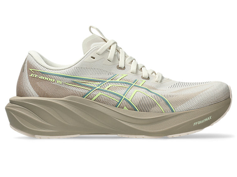 asics womens GT 2000 15 in a light brown and white colour with touches of yellow. The 3D GUIDANCE SYSTEM™ provides intelligent, adaptive support that activates exactly when you need it, keeping your stride smooth and balanced without feeling restrictive