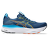 asics kayano 32 for men, supportive running and walking shoes with cushioning, navy colour with white sole and yellow and orange details, side profile of shoe on white background