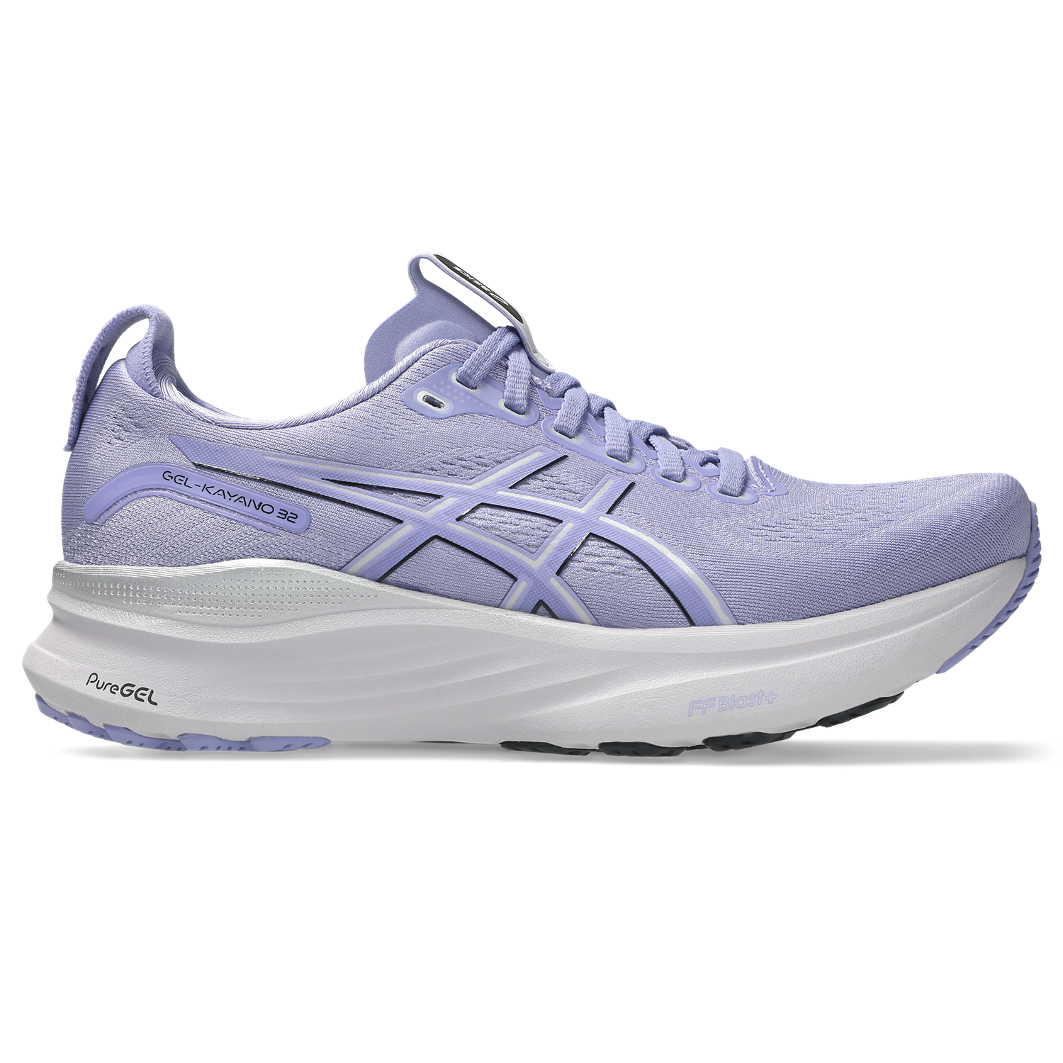 asics kayano 32 for women, supportive running and walking shoe with maximum cushioning, light purple with white sole colour, side profile of shoe on white background