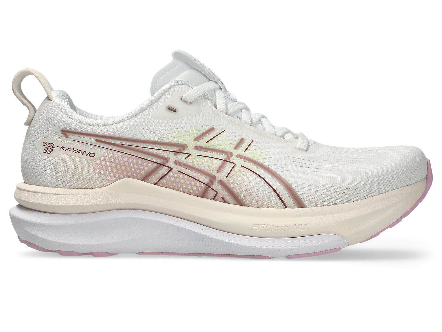 asics gel kayano 33 for women, side view in white, hazy lilac colour