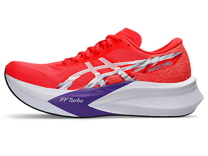 asics magic speed 4 for men flash red and white colour carbon plate racing running shoe side profile 2