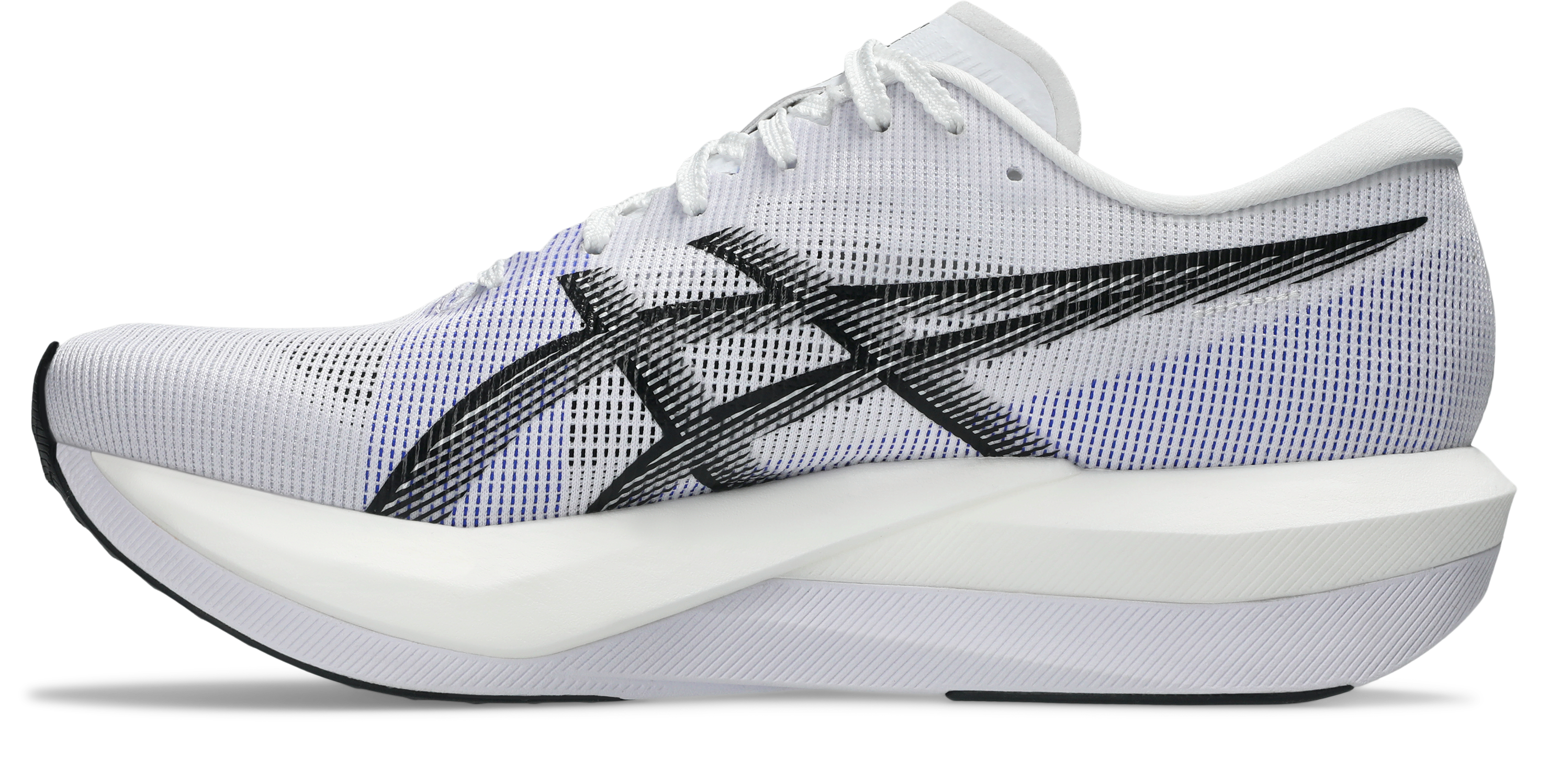 asics magic speed 5, lightweight carbon plated race day shoe for men and women, white with purple, inside profile of shoe