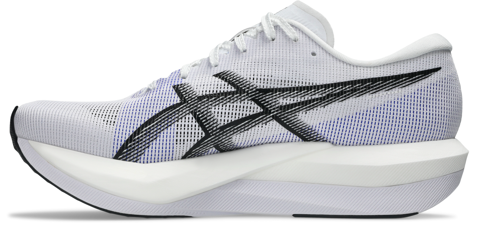 asics magic speed 5, lightweight carbon plated race day shoe for men and women, white with purple, inside profile of shoe