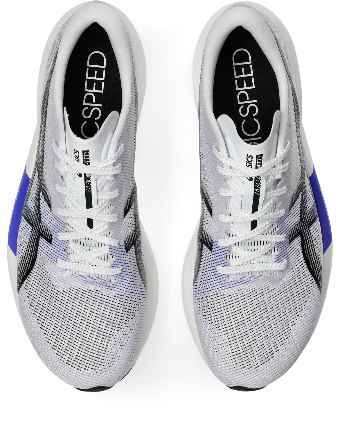 asics magic speed 5, lightweight carbon plated race day shoe for men and women, white with purple, top of shoes
