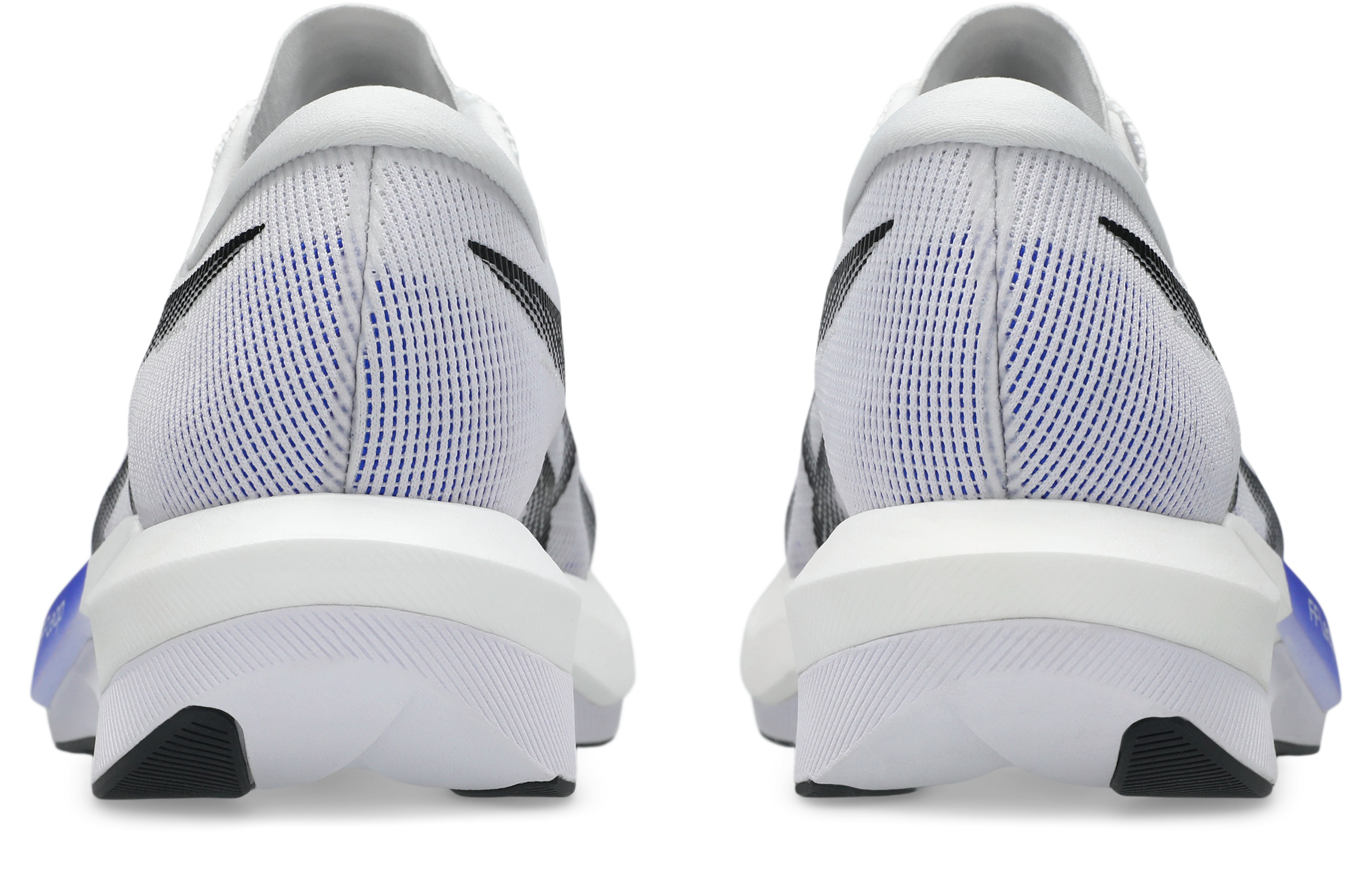asics magic speed 5, lightweight carbon plated race day shoe for men and women, white with purple, heel of shoes