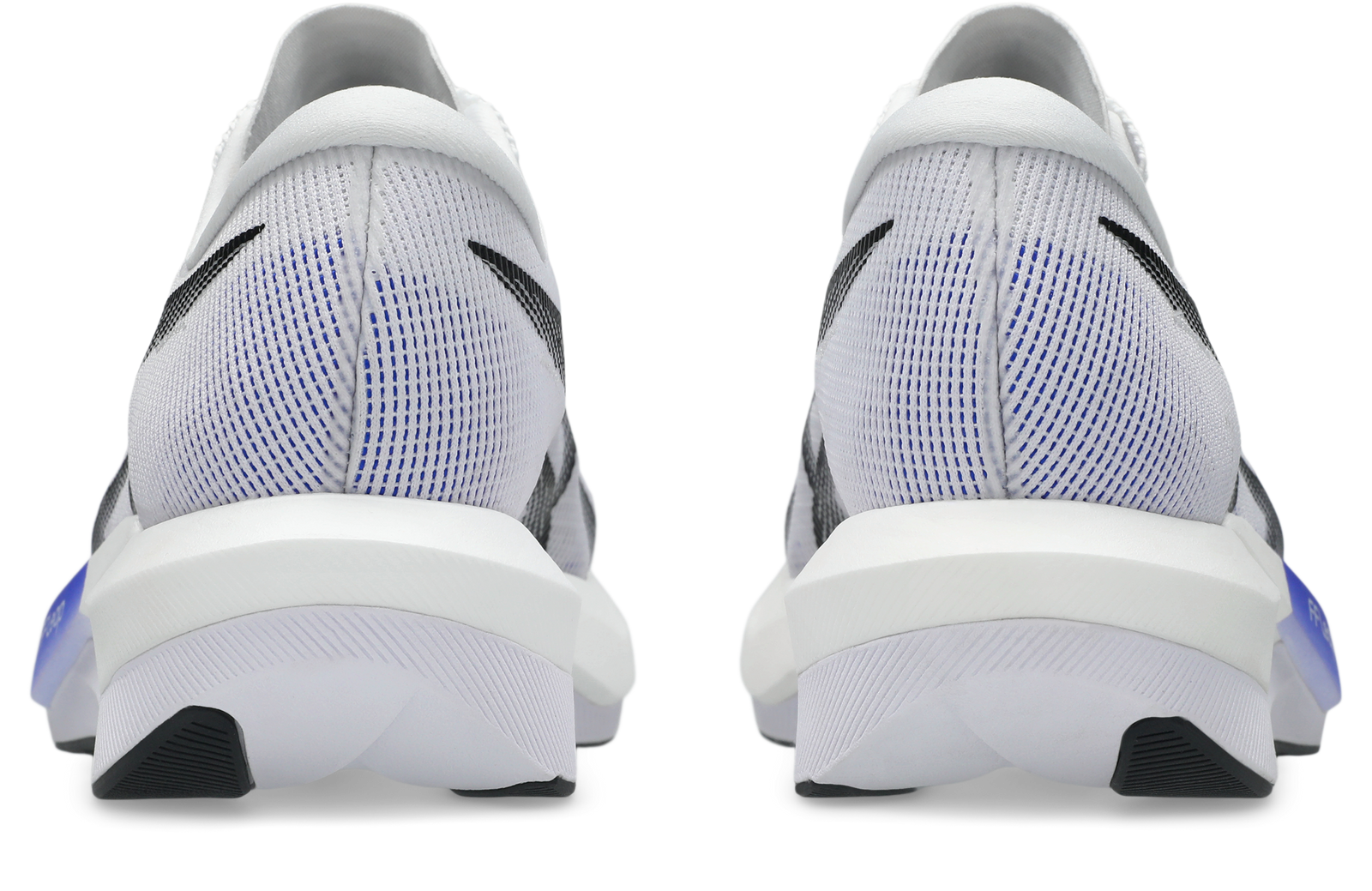 asics magic speed 5, lightweight carbon plated race day shoe for men and women, white with purple, heel of shoes