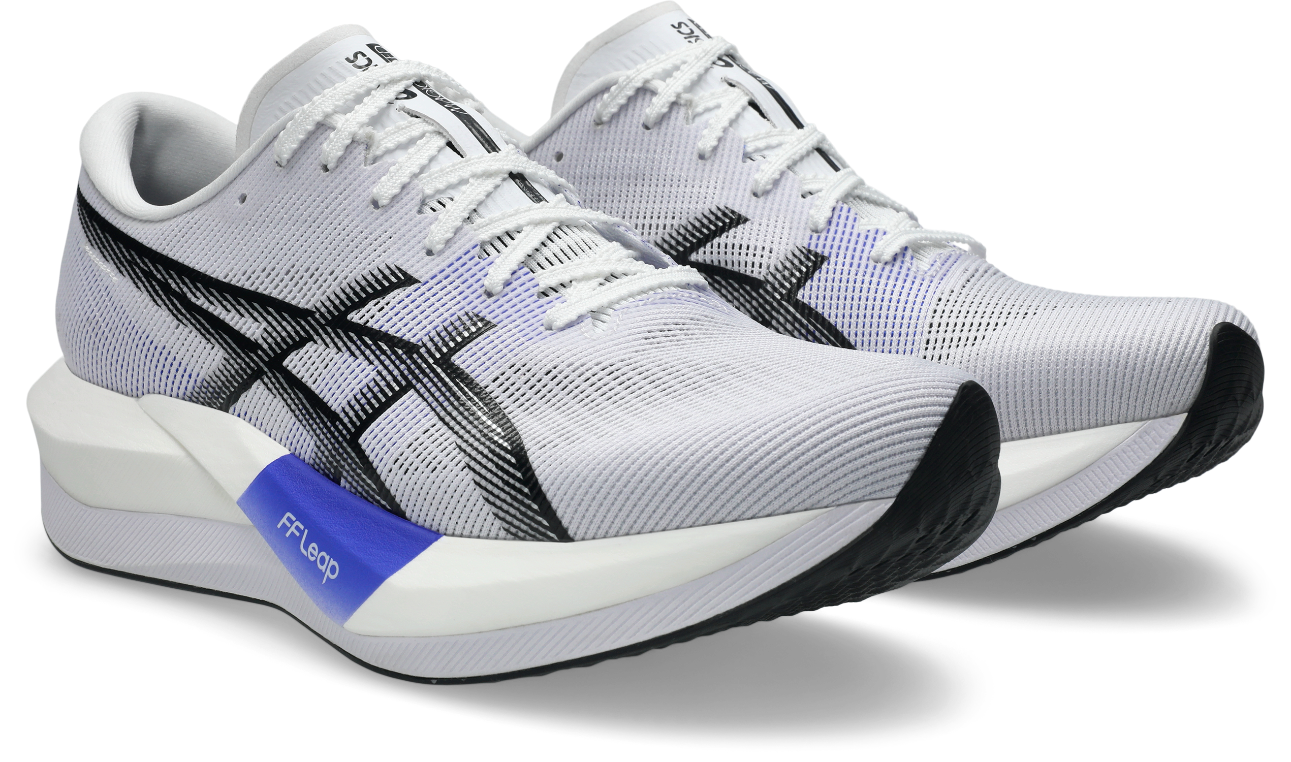 asics magic speed 5, lightweight carbon plated race day shoe for men and women, white with purple, side front angle of shoes