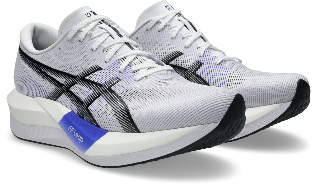 asics magic speed 5, lightweight carbon plated race day shoe for men and women, white with purple, side front angle of shoes