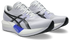 asics magic speed 5, lightweight carbon plated race day shoe for men and women, white with purple, side front angle of shoes