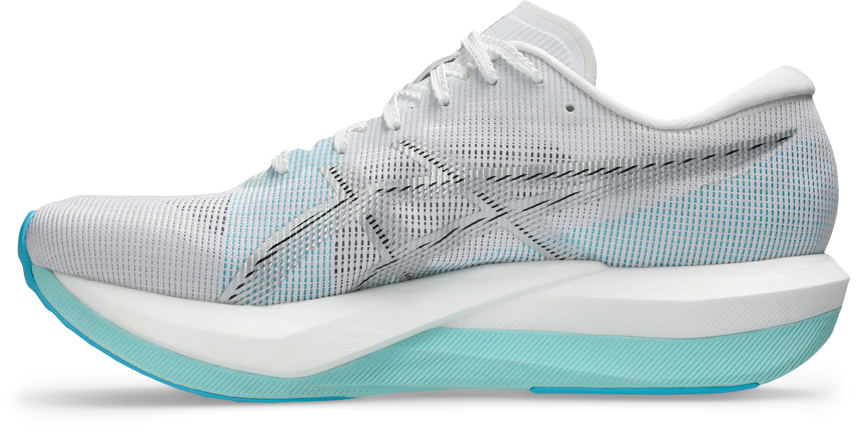 asics magic speed 5, lightweight carbon plated race day shoe for men and women, white with light blue, inside profile of shoe