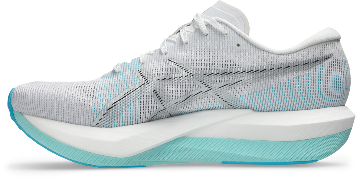 asics magic speed 5, lightweight carbon plated race day shoe for men and women, white with light blue, inside profile of shoe