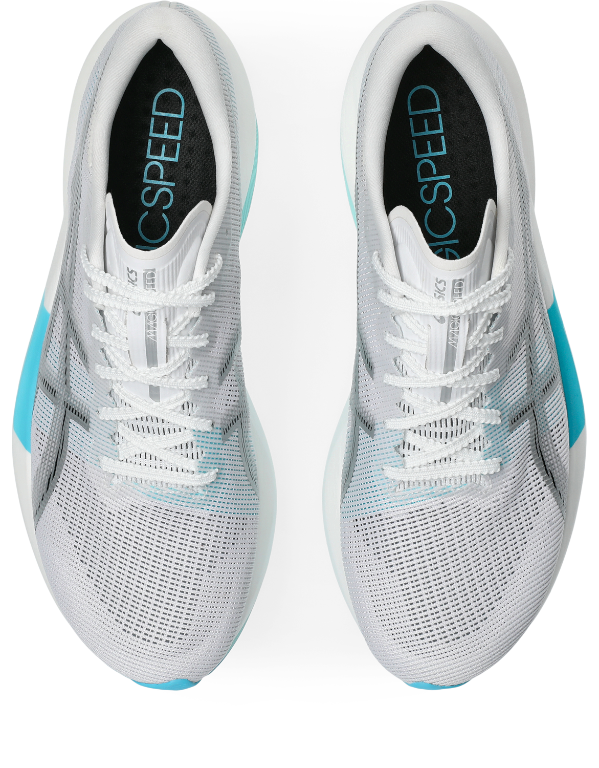 asics magic speed 5, lightweight carbon plated race day shoe for men and women, white with light blue, top down view of shoe