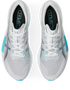 asics magic speed 5, lightweight carbon plated race day shoe for men and women, white with light blue, top down view of shoe