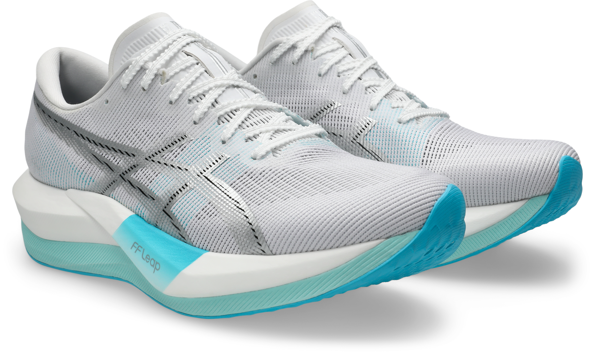 asics magic speed 5, lightweight carbon plated race day shoe for men and women, white with light blue, pair of shoes side profile