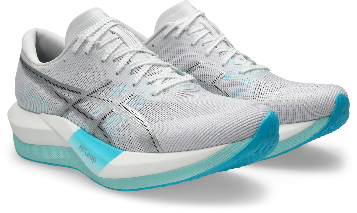 asics magic speed 5, lightweight carbon plated race day shoe for men and women, white with light blue, pair of shoes side profile