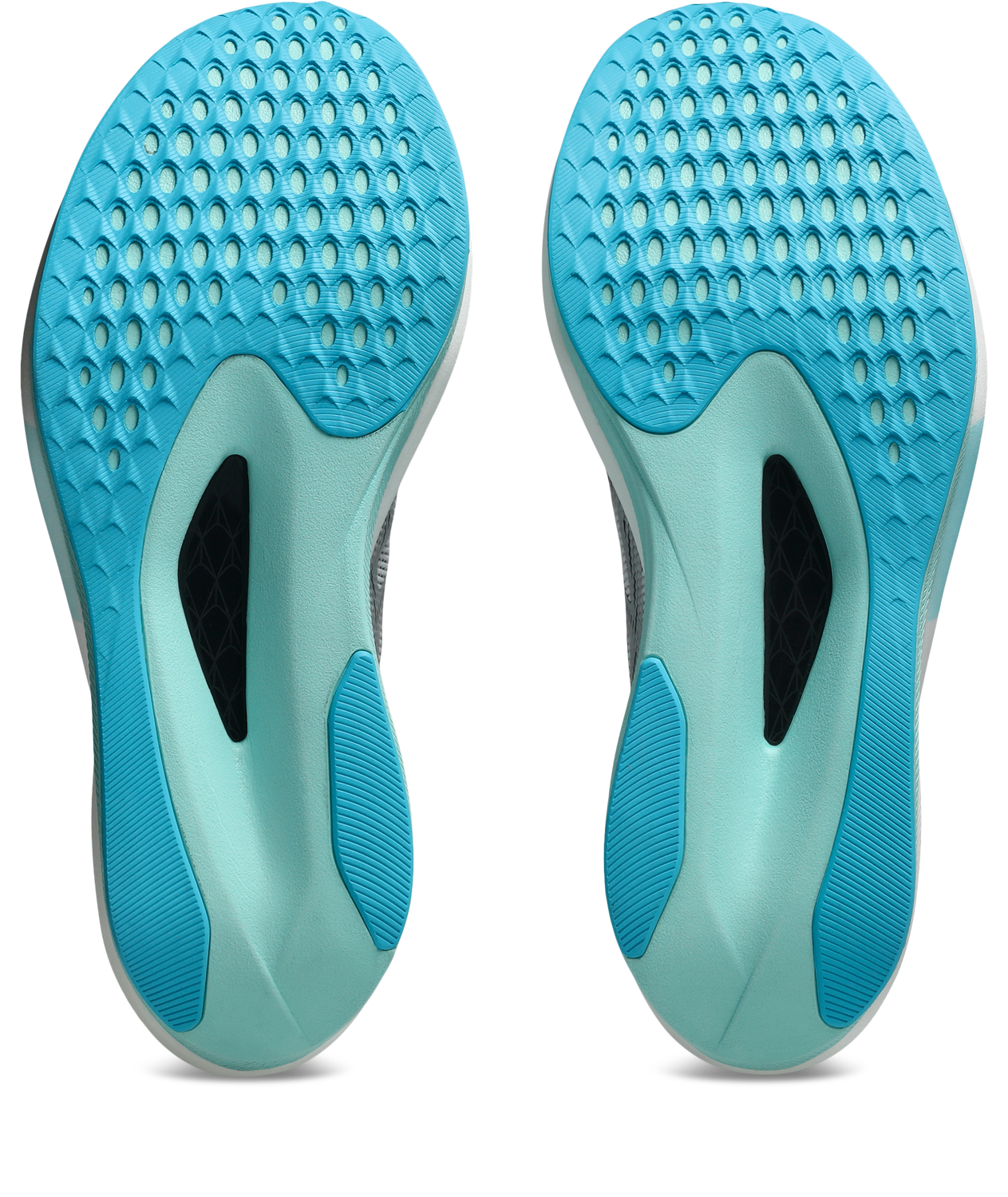 asics magic speed 5, lightweight carbon plated race day shoe for men and women, white with light blue, sole of shoe