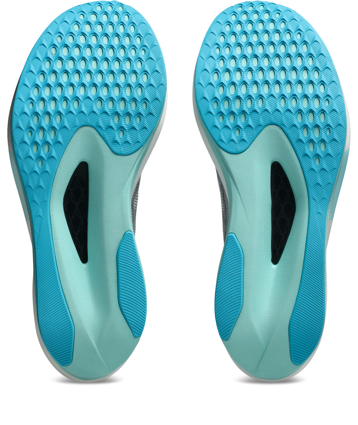 asics magic speed 5, lightweight carbon plated race day shoe for men and women, white with light blue, sole of shoe