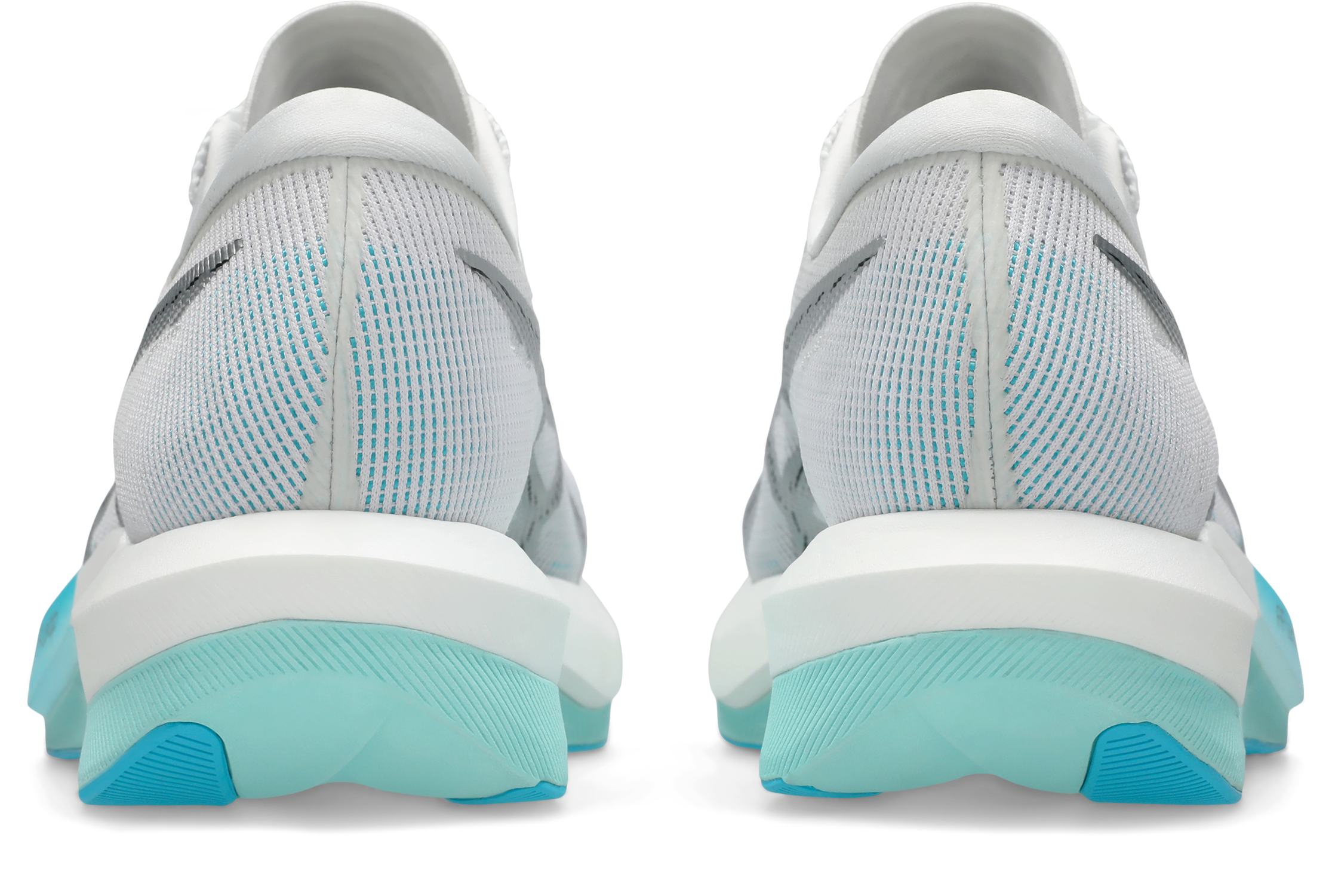 asics magic speed 5, lightweight carbon plated race day shoe for men and women, white with light blue, heels of shoe
