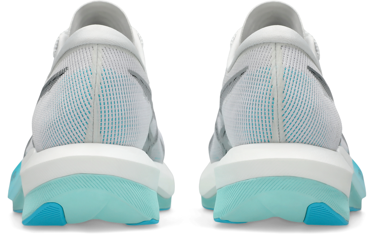 asics magic speed 5, lightweight carbon plated race day shoe for men and women, white with light blue, heels of shoe
