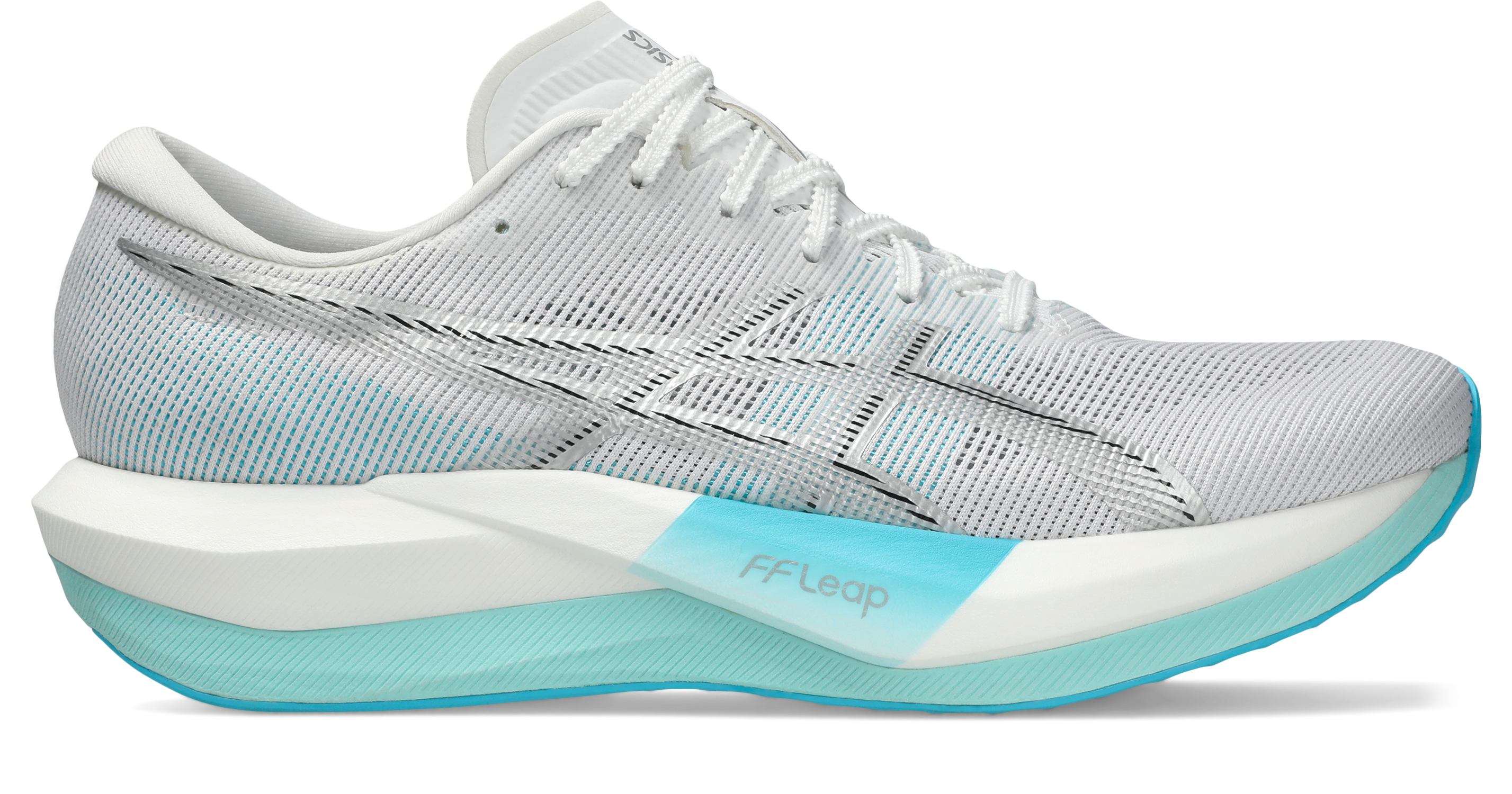 asics magic speed 5, lightweight carbon plated race day shoe for men and women, white with light blue, side profile of shoe