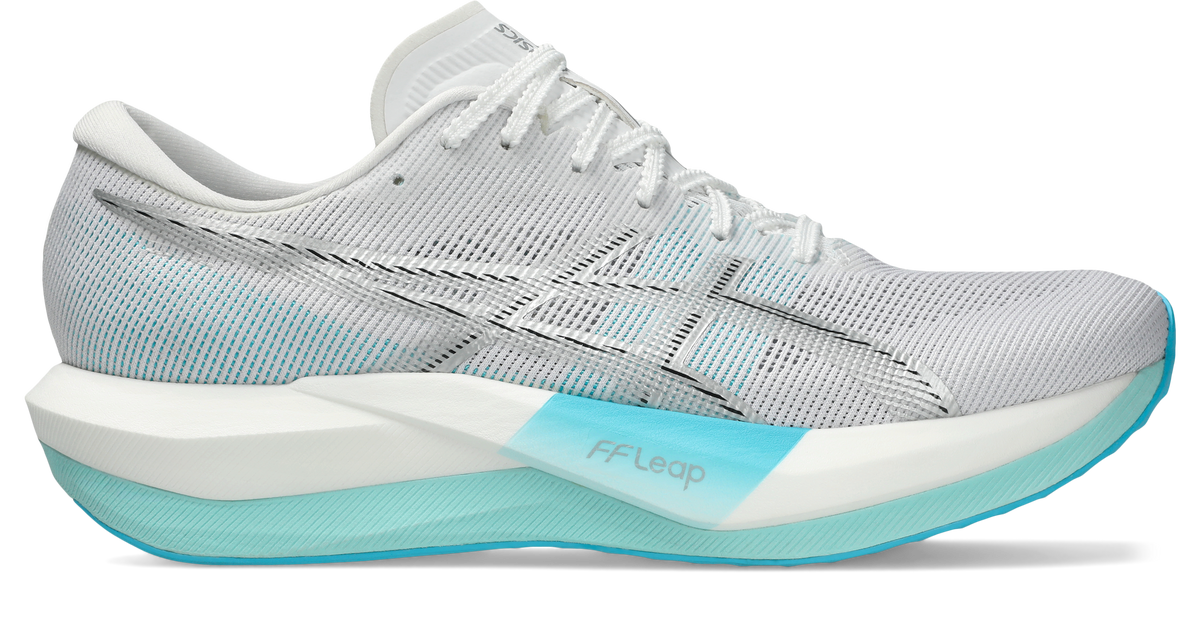 asics magic speed 5, lightweight carbon plated race day shoe for men and women, white with light blue, side profile of shoe
