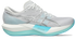 asics magic speed 5, lightweight carbon plated race day shoe for men and women, white with light blue, side profile of shoe