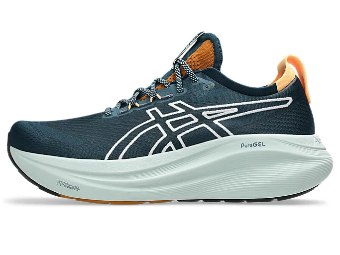 asics Nimbus 27 TR, maximum cushioned running shoe for men, navy blue colour with aqua blue sole, inside angle