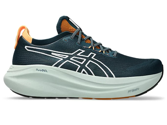 asics nimbus 27 tr, maximum cushioned running shoe, navy blue with aqua blue sole, side angle