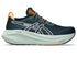 asics nimbus 27 tr, maximum cushioned running shoe, navy blue with aqua blue sole, side angle