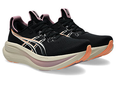 asics gel nimbus 28 for women, maximum cushioned lightweight long distance running shoe, balck colour with light purple and orange details, side profile of both shoes on a white background