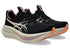 asics gel nimbus 28 for women, maximum cushioned lightweight long distance running shoe, balck colour with light purple and orange details, side profile of both shoes on a white background
