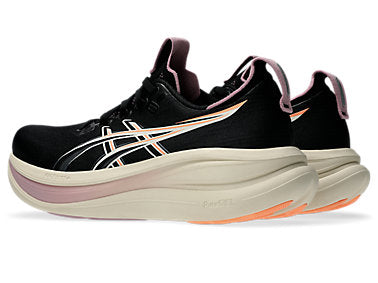 asics gel nimbus 28 for women, maximum cushioned lightweight long distance running shoe, balck colour with light purple and orange details, back profile of both shoes on a white background