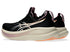 asics gel nimbus 28 for women, maximum cushioned lightweight long distance running shoe, balck colour with light purple and orange details, back profile of both shoes on a white background