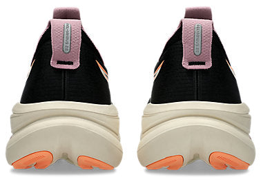 asics gel nimbus 28 for women, maximum cushioned lightweight long distance running shoe, balck colour with light purple and orange details, back profile of heel of both shoes on a white background